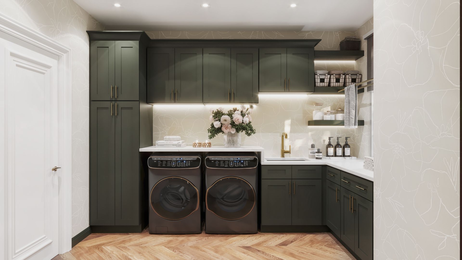 Olive Aston Shaker kitchen cabinets with dark countertops and white tile backsplash.