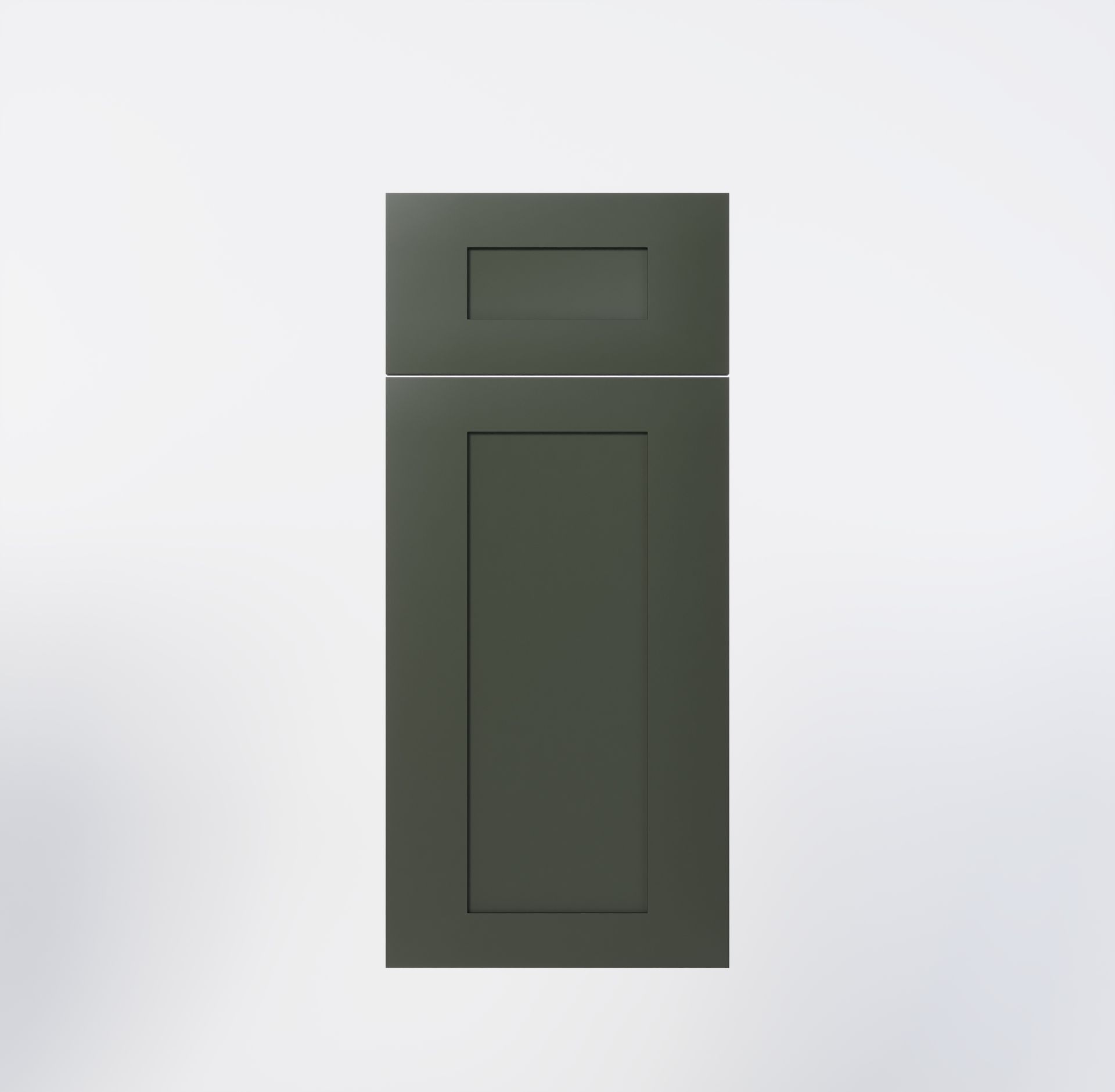 Earthy olive green shaker-style cabinet door with a 5-piece birchwood design.
