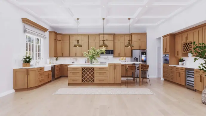 Full kitchen layout using Havana Treasure Shaker cabinets in a bright, open-concept space.