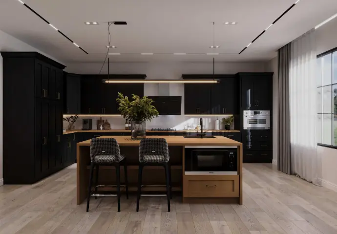 Kitchen island with Midnight Iron Shaker base cabinets and brass satin nickel handles.
