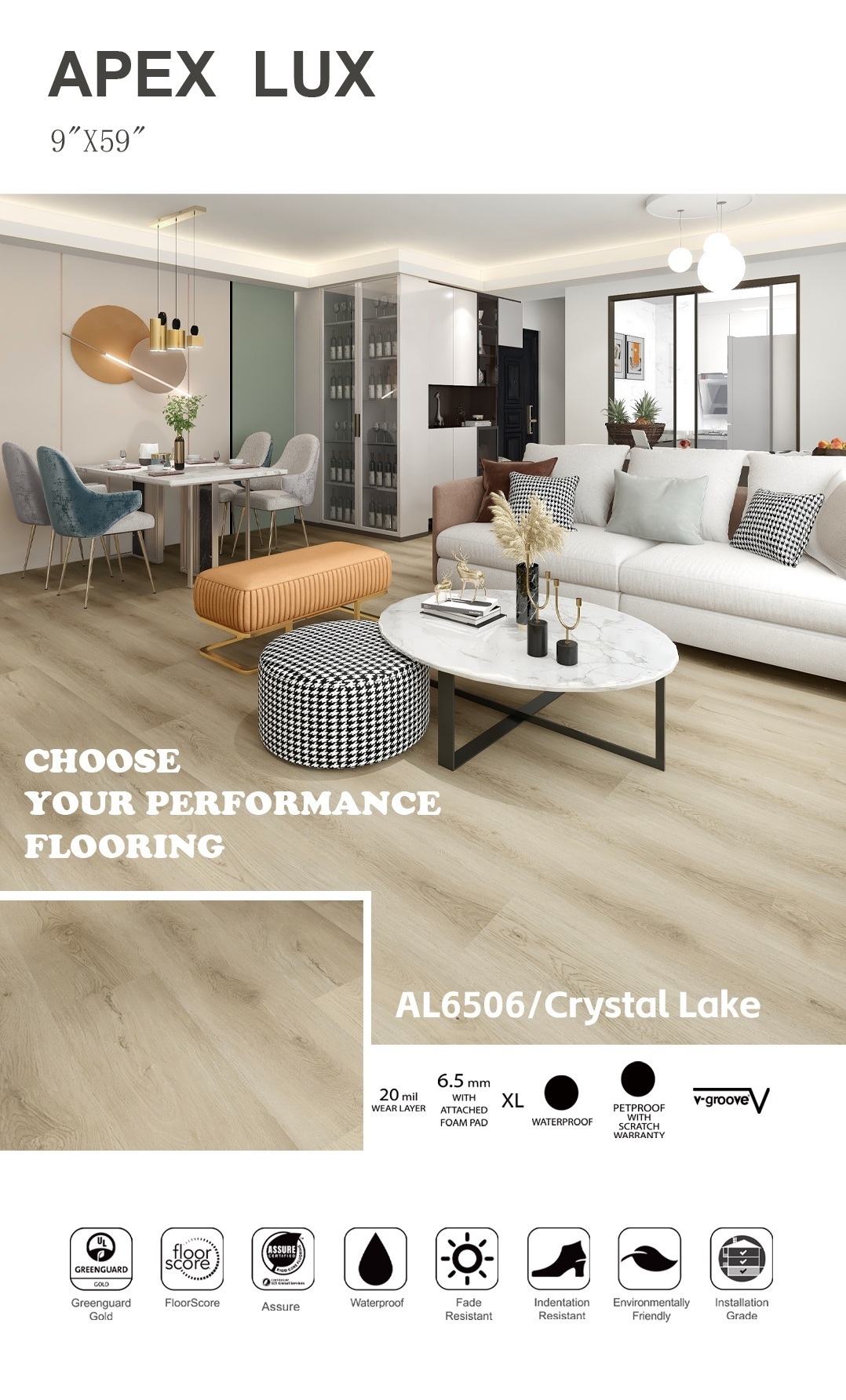 Open-concept kitchen with waterproof Apex Lux vinyl flooring planks.