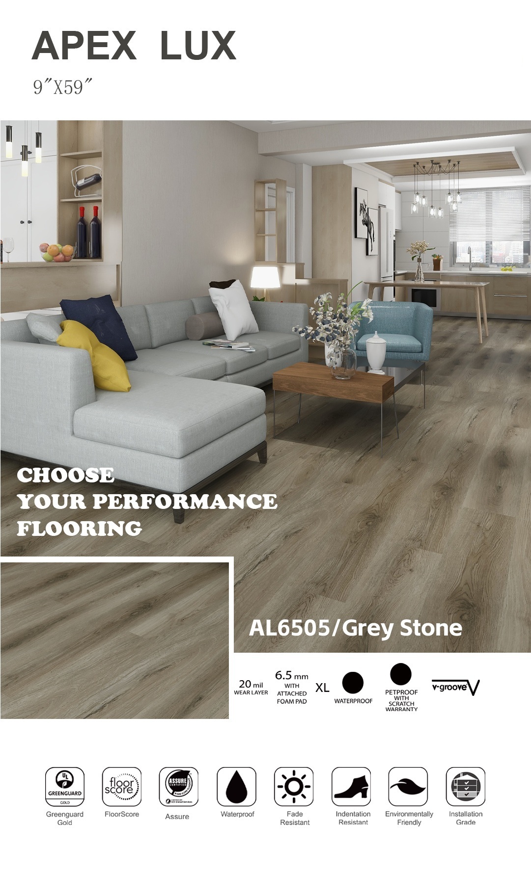 Cozy bedroom interior with grey-toned Apex Lux vinyl plank flooring.