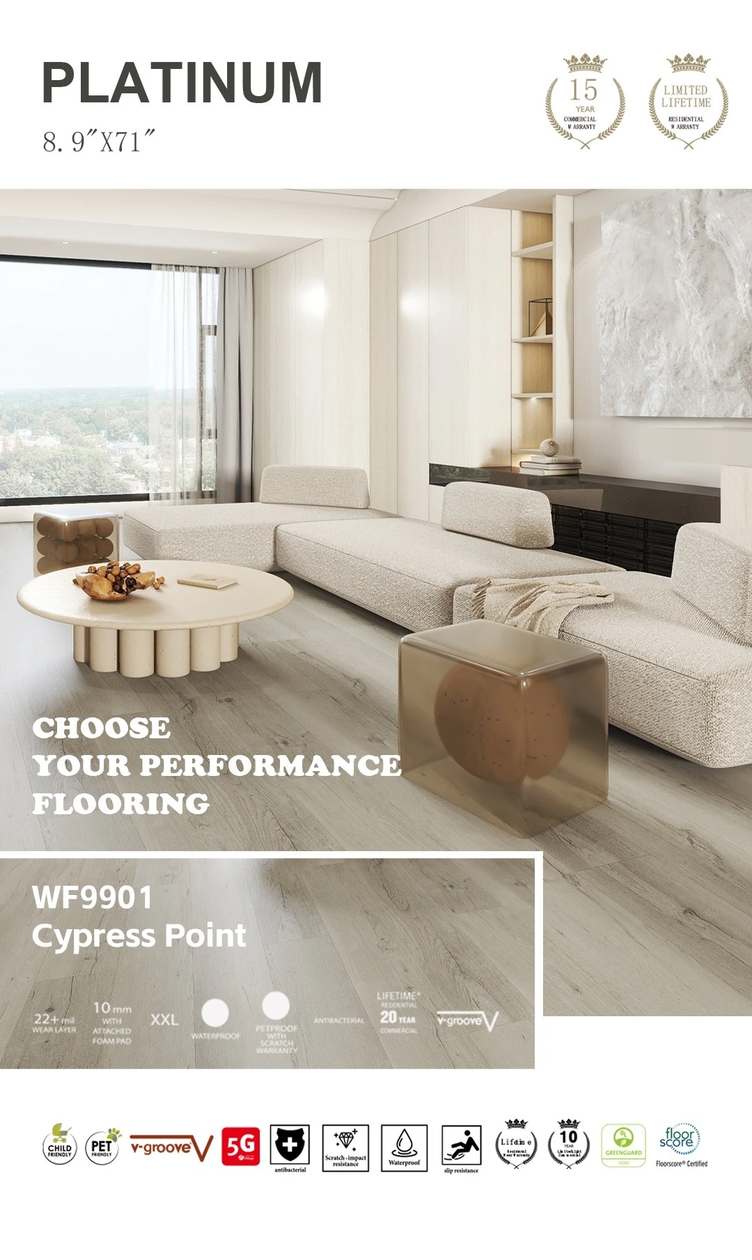 Platinum Collection Cypress Point luxury vinyl flooring in a modern living room setting.