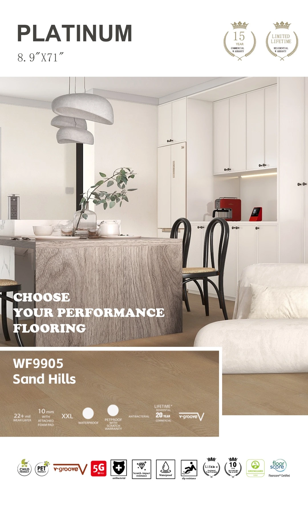 Platinum Collection light wood-look vinyl flooring in a minimalist living room with white furniture.